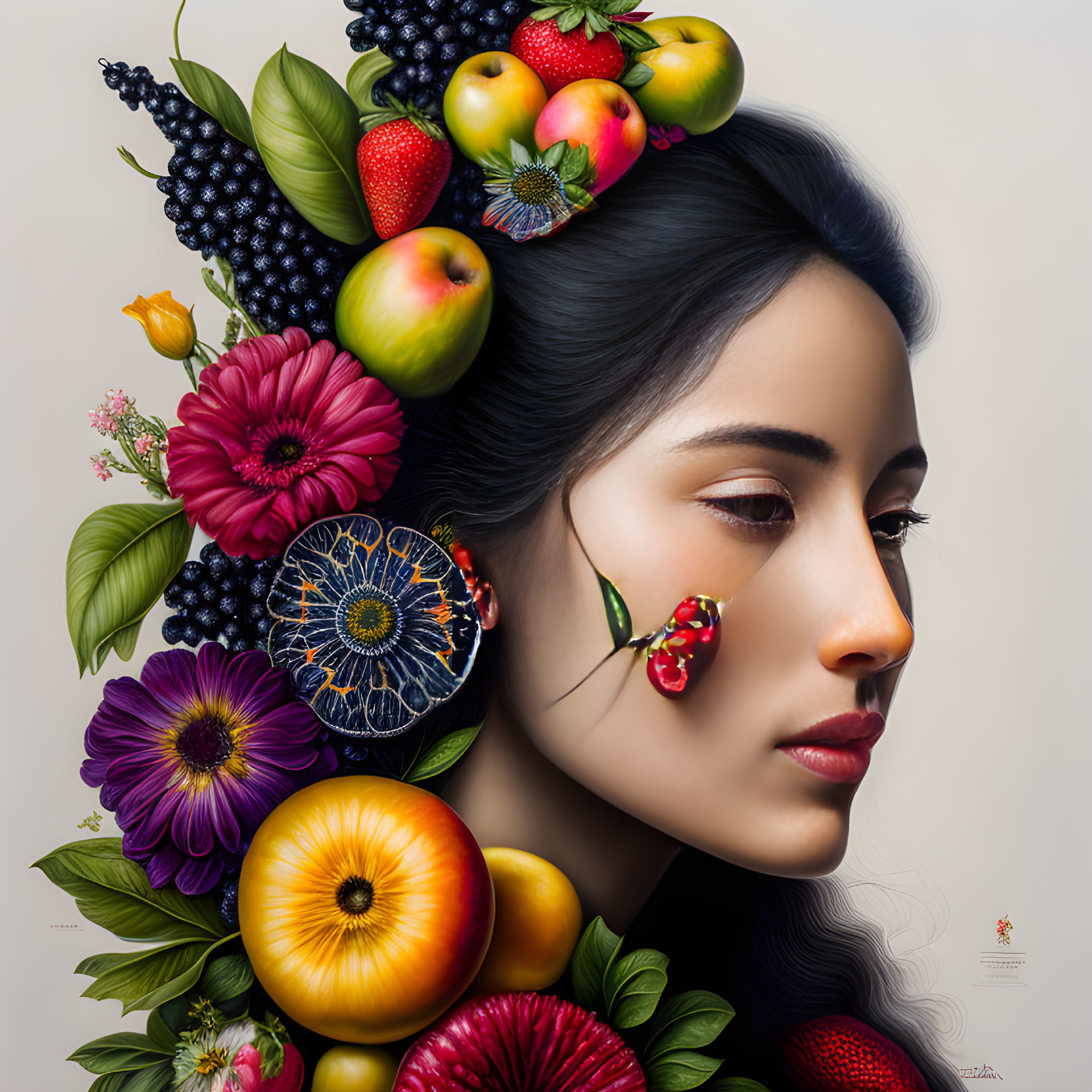 Woman's Side Profile with Vibrant Fruits and Flowers in Hair