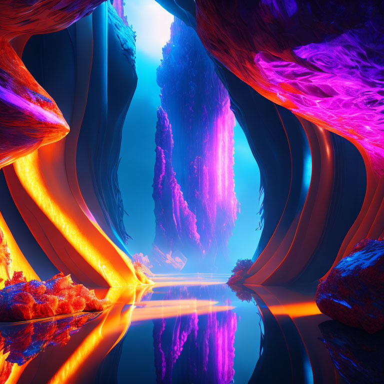 Colorful digital art landscape with glowing blue and purple hues and fantastical rock formations.