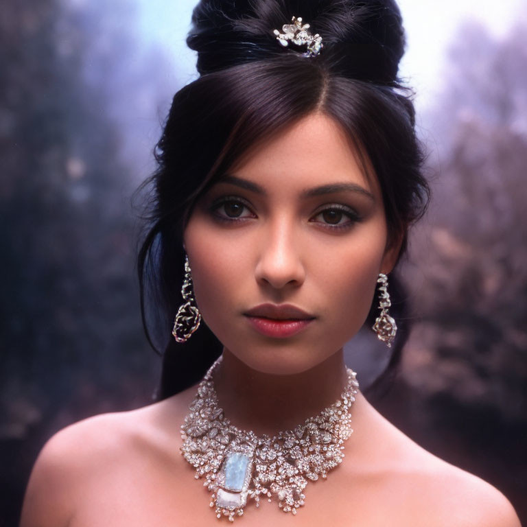 Elegant woman with updo, tiara, earrings, and blue gemstone necklace