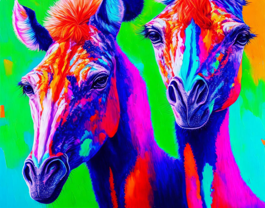 Colorful painting of two giraffes in neon palette on bright background