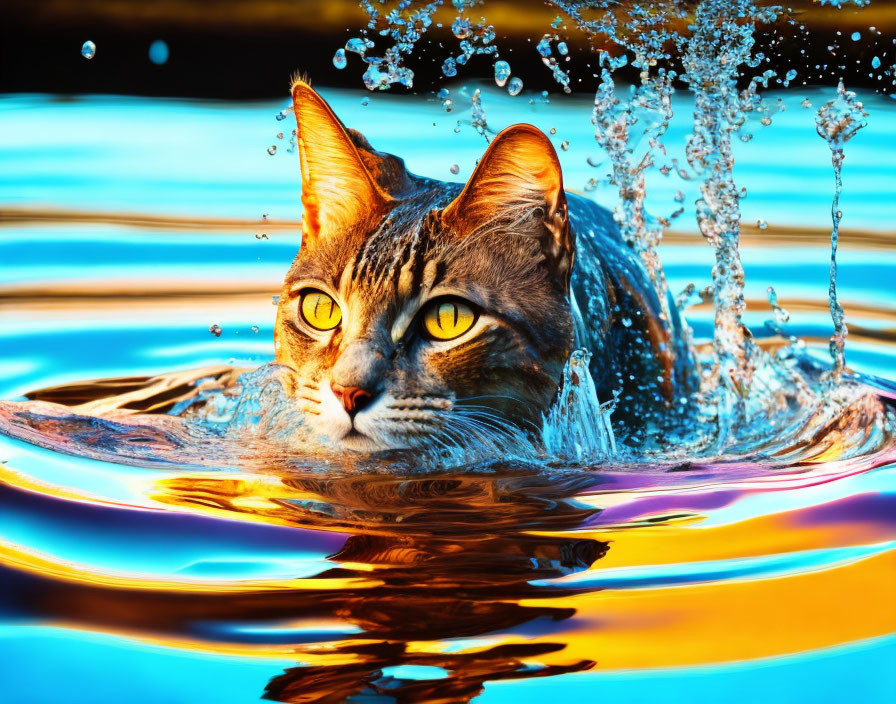 Yellow-eyed cat submerged in water with splashing droplets on sunset backdrop