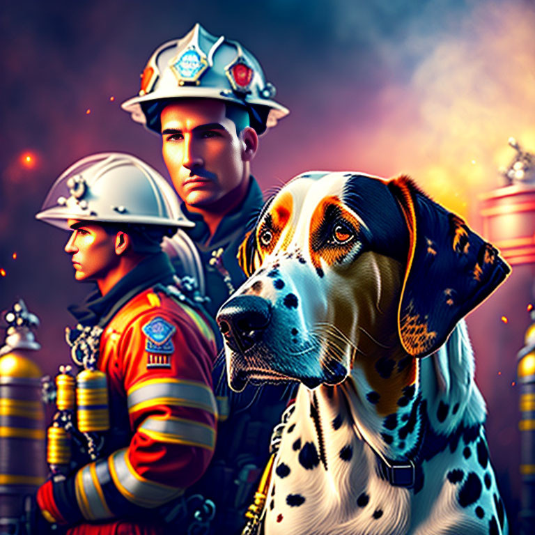 Two firefighters and a dog in front of a fiery backdrop showcase emergency readiness