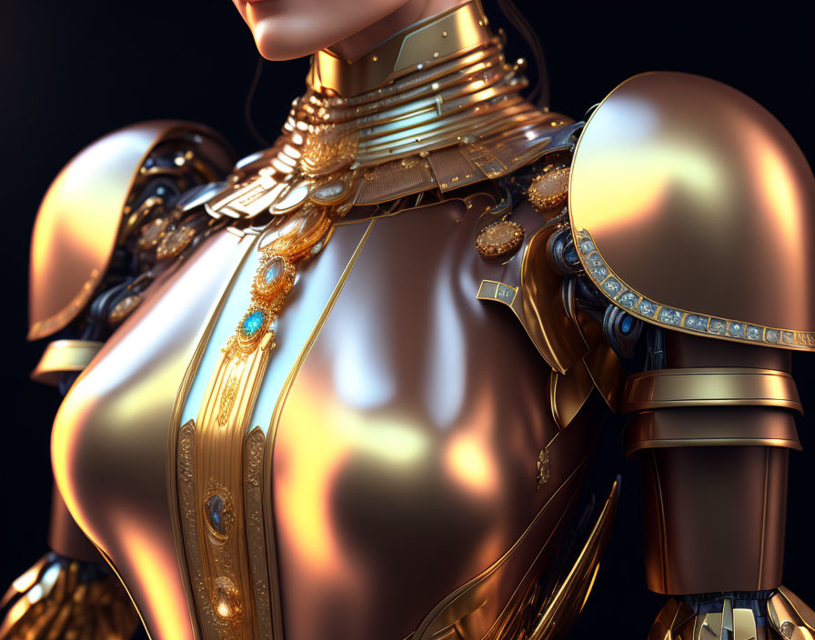 Highly Detailed Golden Robotic Figure with Ornate Armor on Dark Background