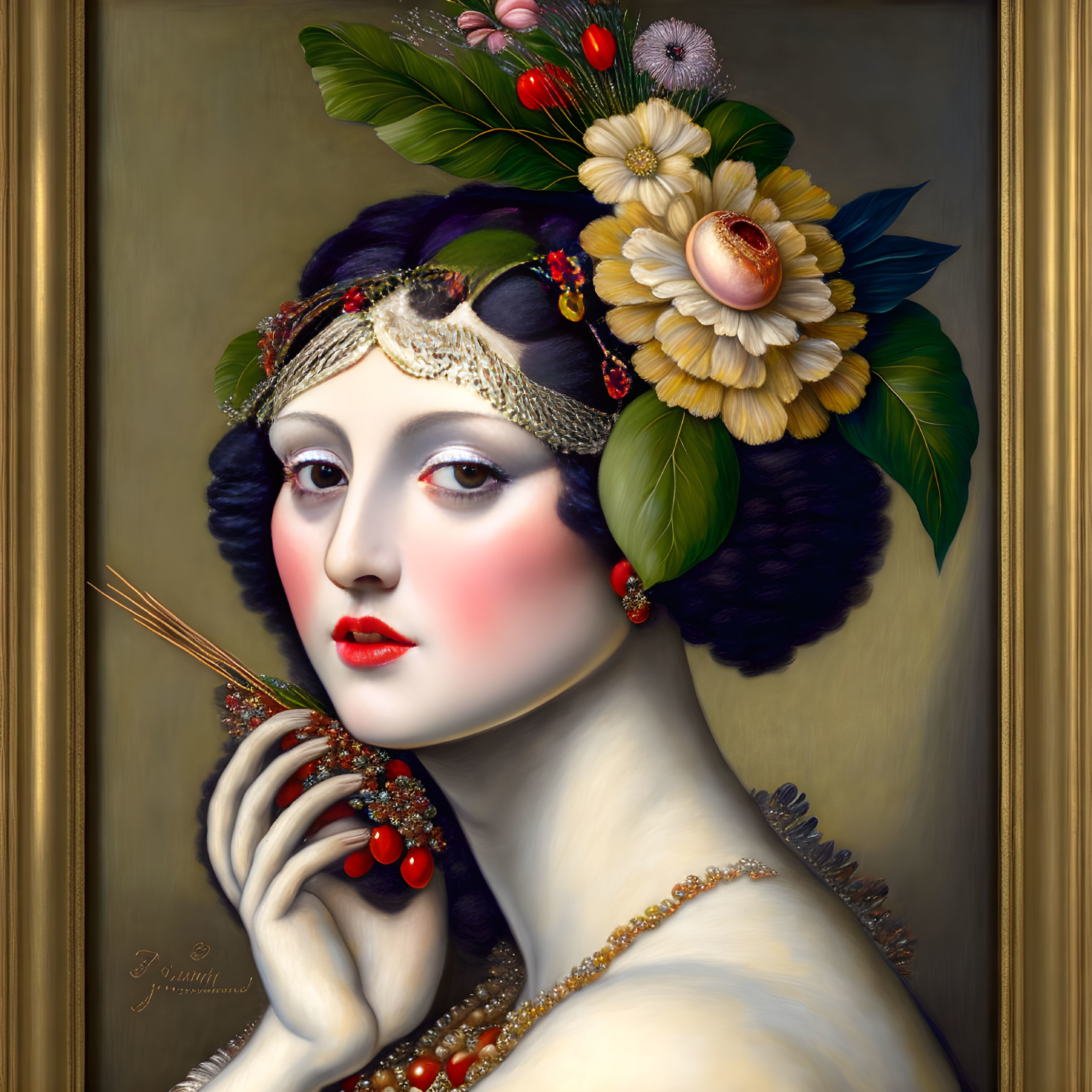 Vintage hairstyle portrait of woman with floral headpiece and classical painting style