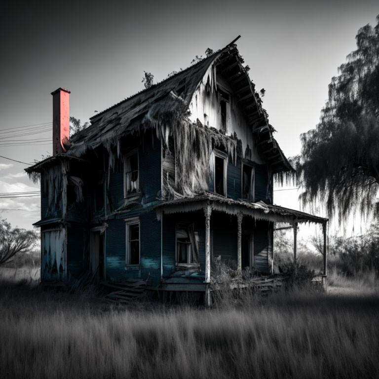 Abandoned two-story house with peeling paint and overgrown vines under moody sky