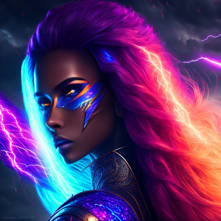 Vibrant pink-haired woman with blue face paint in electrifying digital portrait