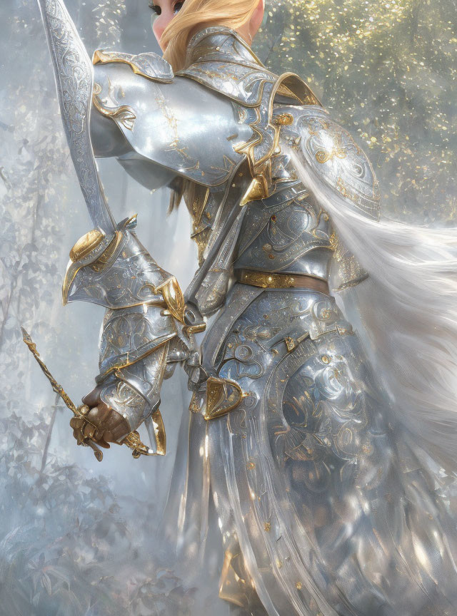 Regal figure in silver armor with golden accents in ethereal forest