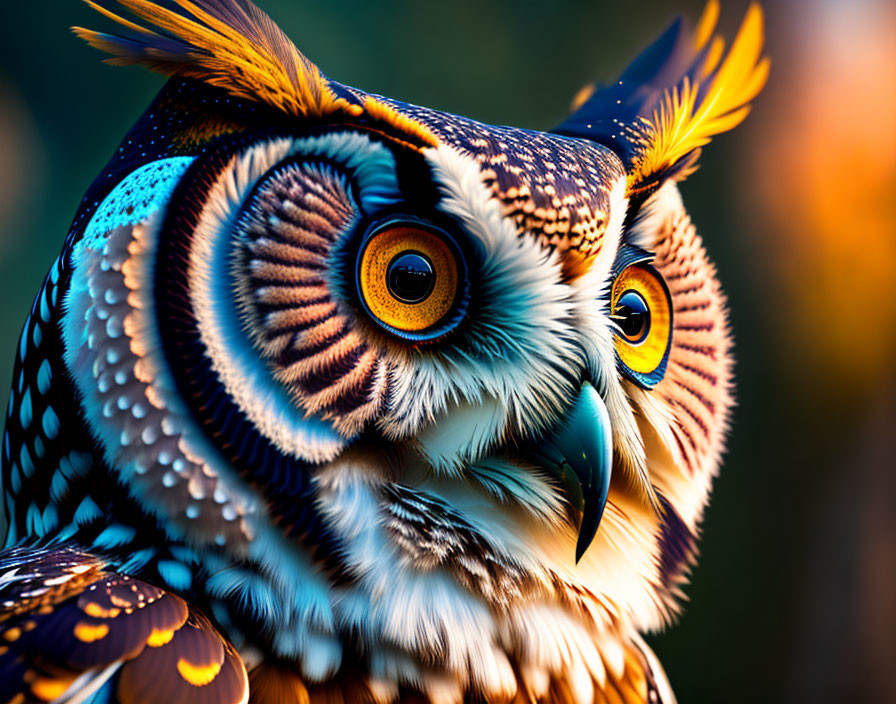 Vibrantly Colored Owl with Detailed Feathers and Golden Eyes