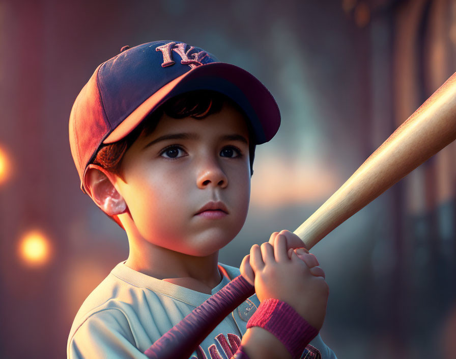 Young boy in baseball cap holds bat with determination