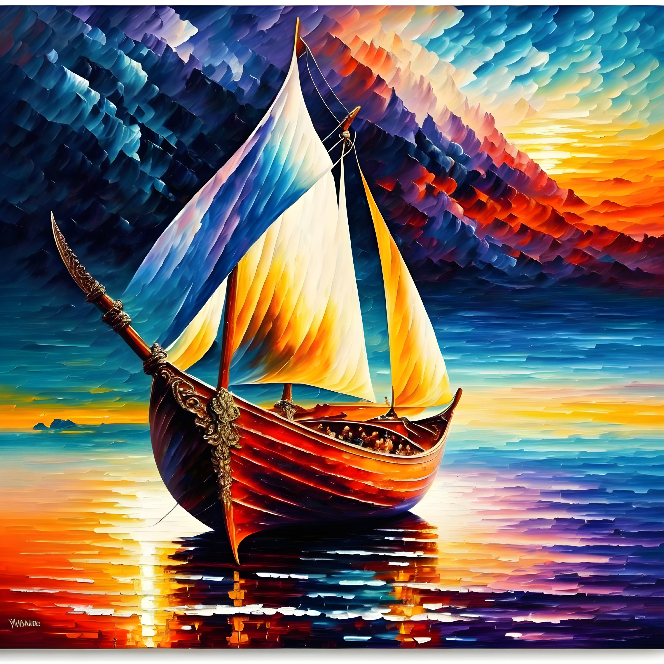 Colorful Sailboat Painting with Yellow and Blue Sails on Reflective Water
