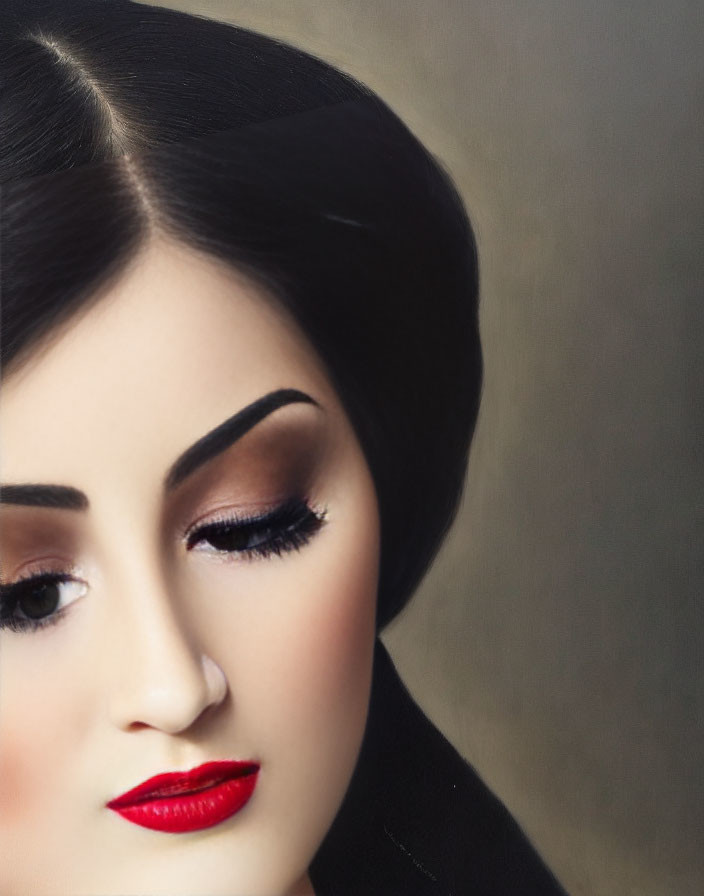 Close-Up of Person with Dark Hair, Dramatic Eye Makeup, Long Eyelashes, Bold Red