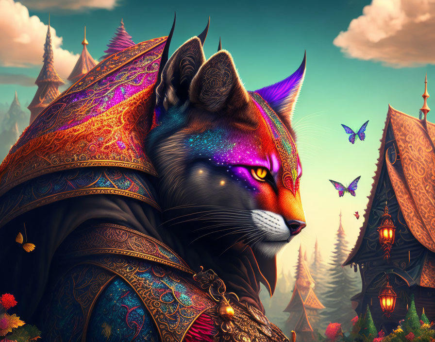 Fantasy cat with cosmic fur and armor in whimsical castle setting