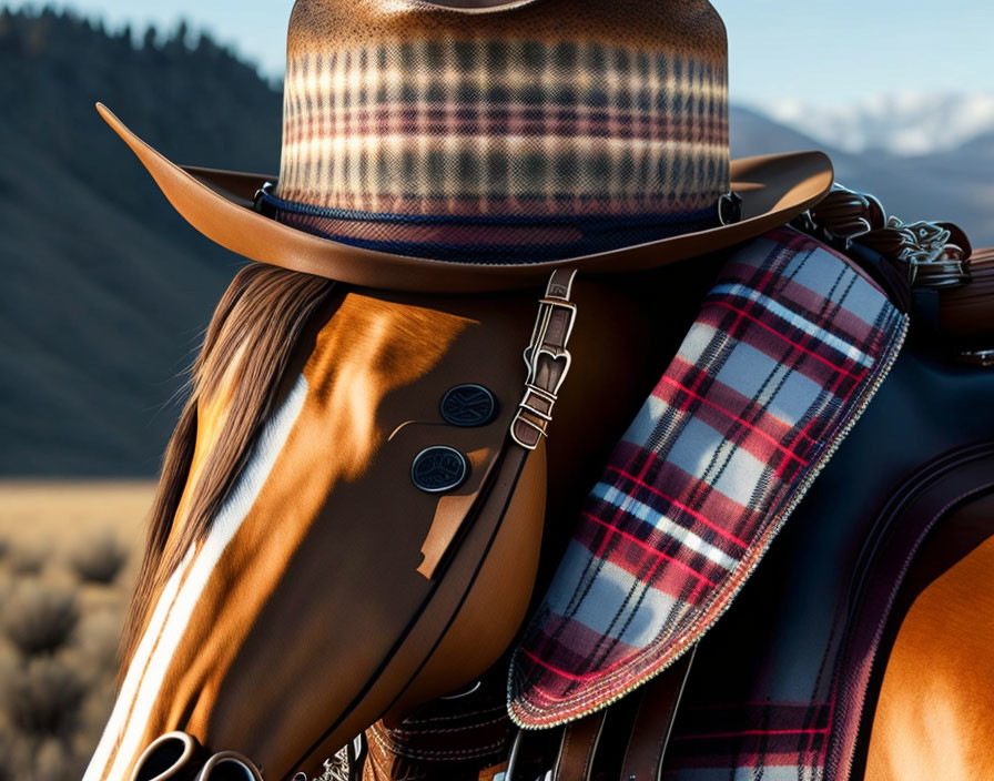 Western saddle, cowboy hat, and mountain backdrop in horse close-up