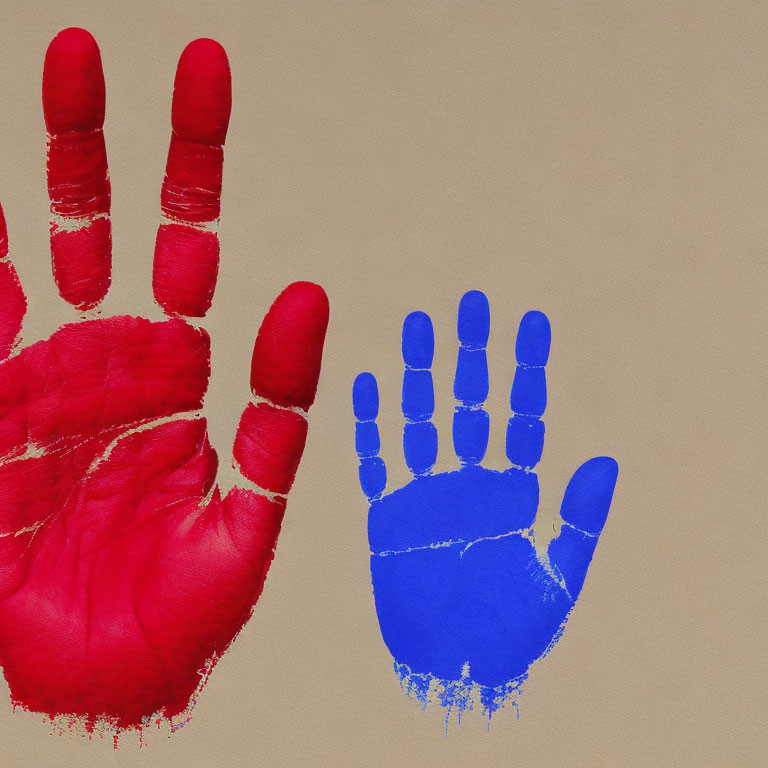 Red and blue handprints on beige background, red print larger.