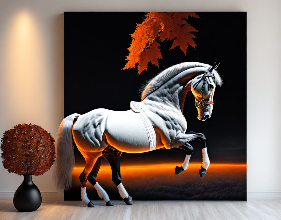 White Horse with Black Zebra-like Stripes on Large Canvas in Room with Autumnal Tree