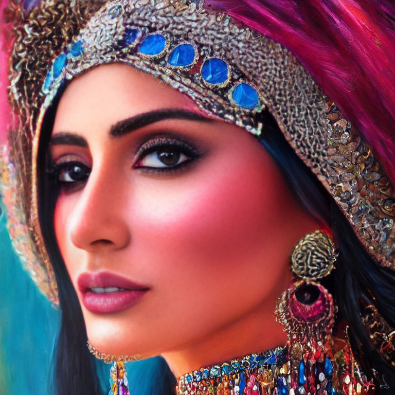 Vibrant pink hair woman with ornate blue gem headdress and gold details