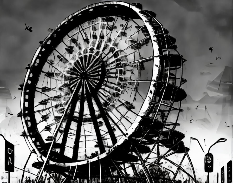 Eerie monochromatic abandoned Ferris wheel with birds and helicopter under cloudy sky