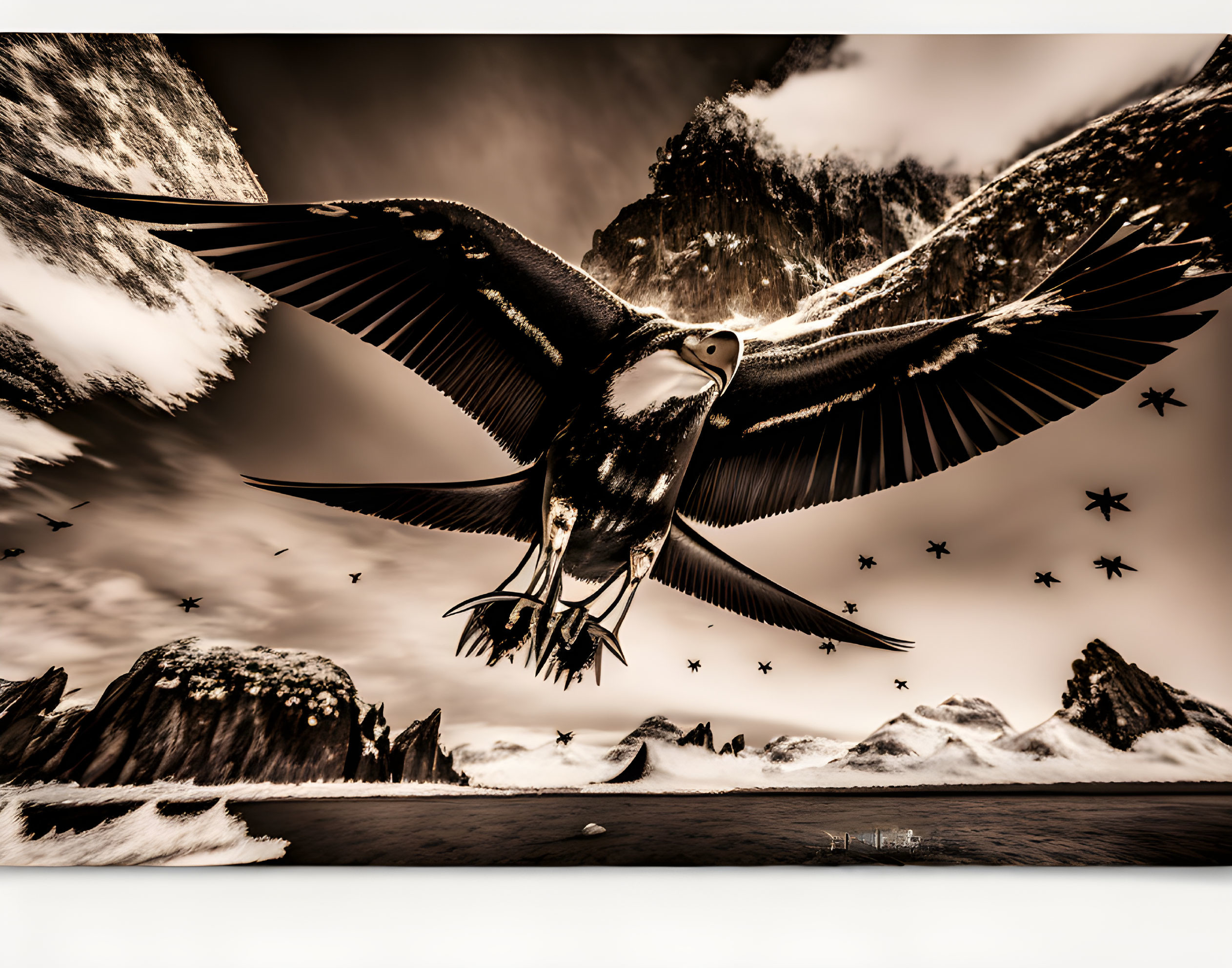 Majestic bird soaring over dramatic mountain landscape