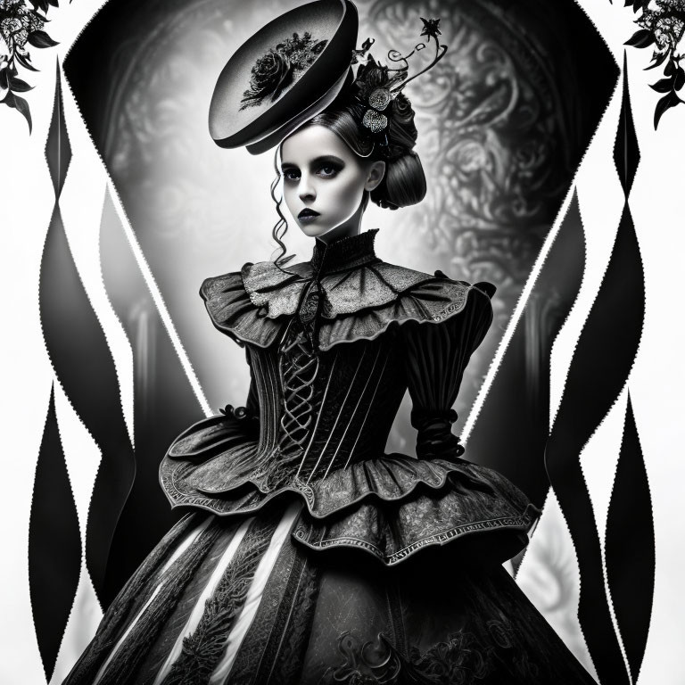 Victorian-inspired gothic attire woman with ruffled collar and hat on monochrome background