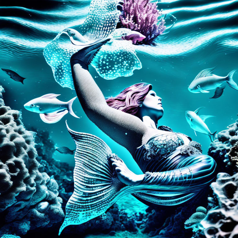 Mermaid swimming underwater with tropical fish and coral reefs