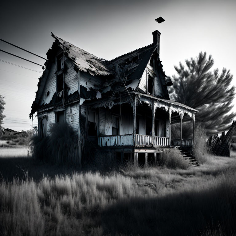 Dilapidated house with damaged roof in black and white