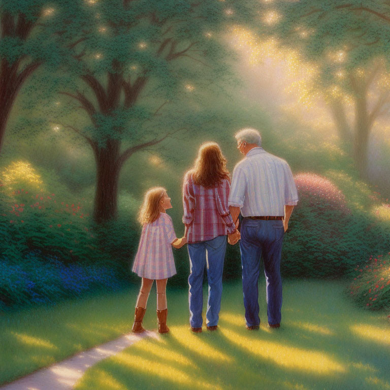 Family of four walking down sunlit path surrounded by lush nature