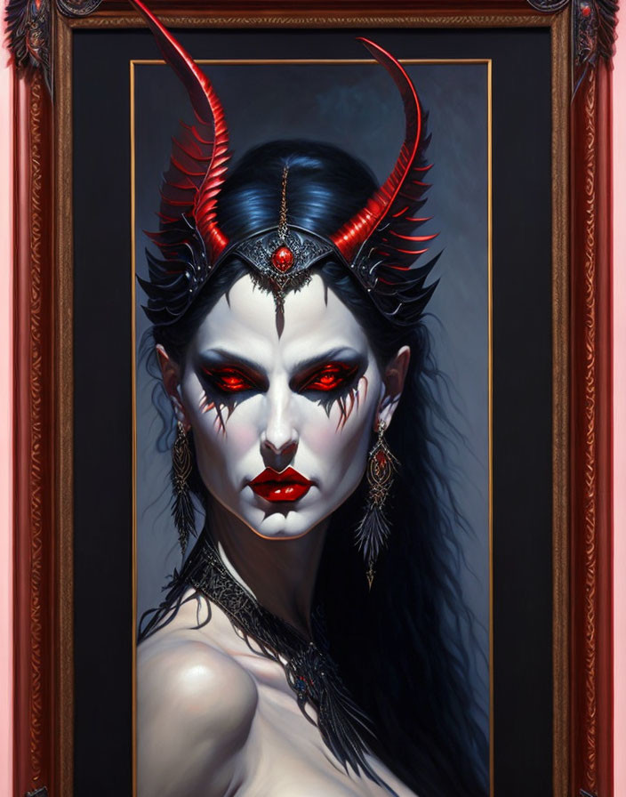 Portrait of Woman with Horns and Striking Red Eyes in Decorative Frame