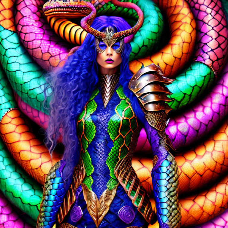 Colorful fantasy art: Blue-skinned woman in snake armor with vibrant serpents