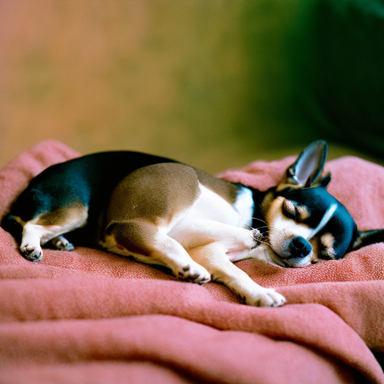 Tricolor Dog Napping on Pink Blanket with Green Background