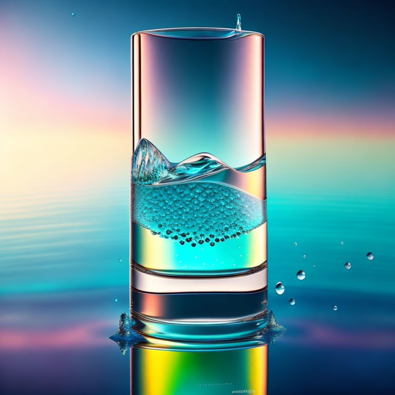 Transparent glass with water bubbles and splash on vibrant gradient backdrop