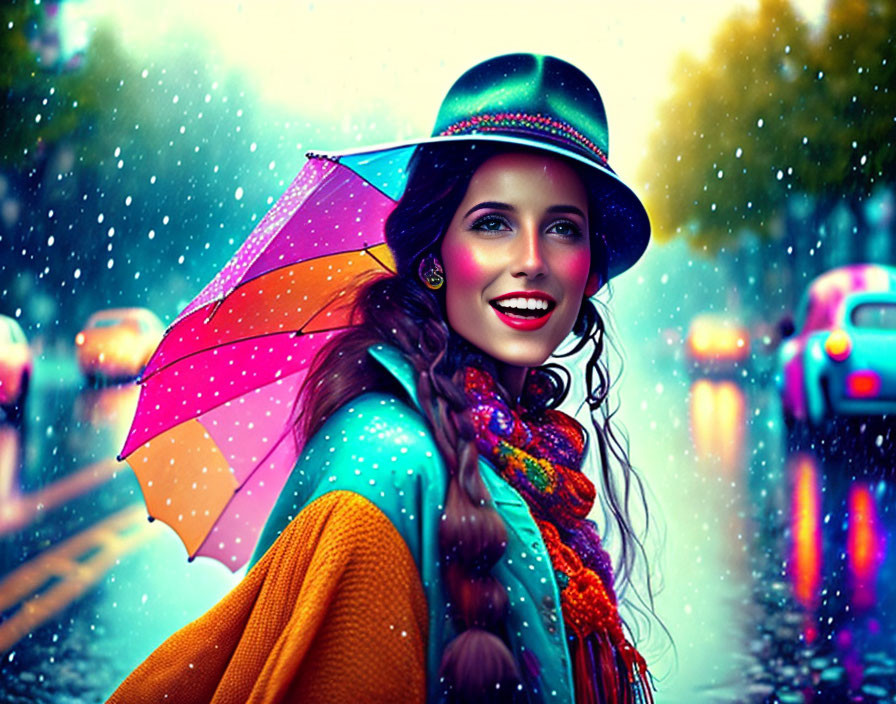 Colorful Portrait of Smiling Woman in Yellow Coat with Hat and Umbrella