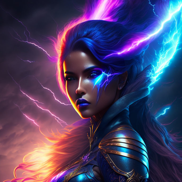 Vibrant digital artwork of woman with blue and purple hair and glowing lightning