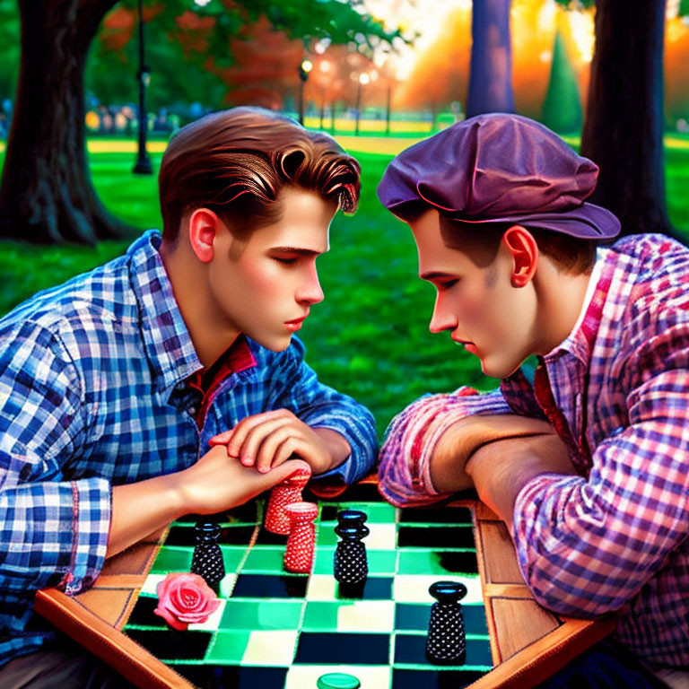 Vibrant animated park scene with two men playing checkers