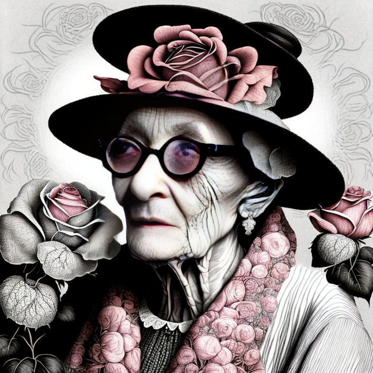 Elderly woman with grayscale skin adorned with pink roses and wearing hat and glasses against floral backdrop