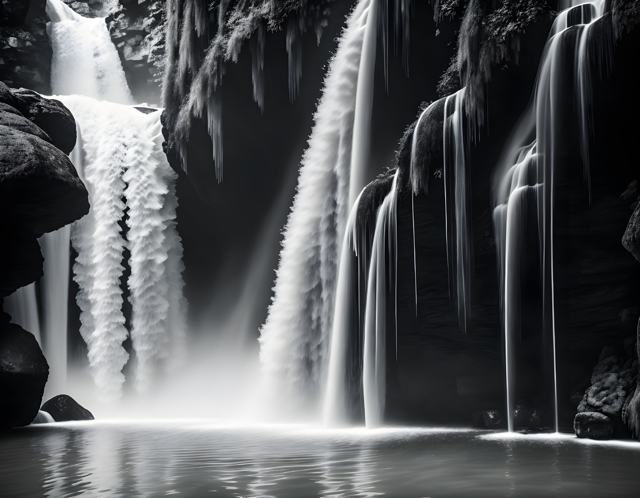 Monochrome photograph: Serene waterfall with icicles and misty water surface