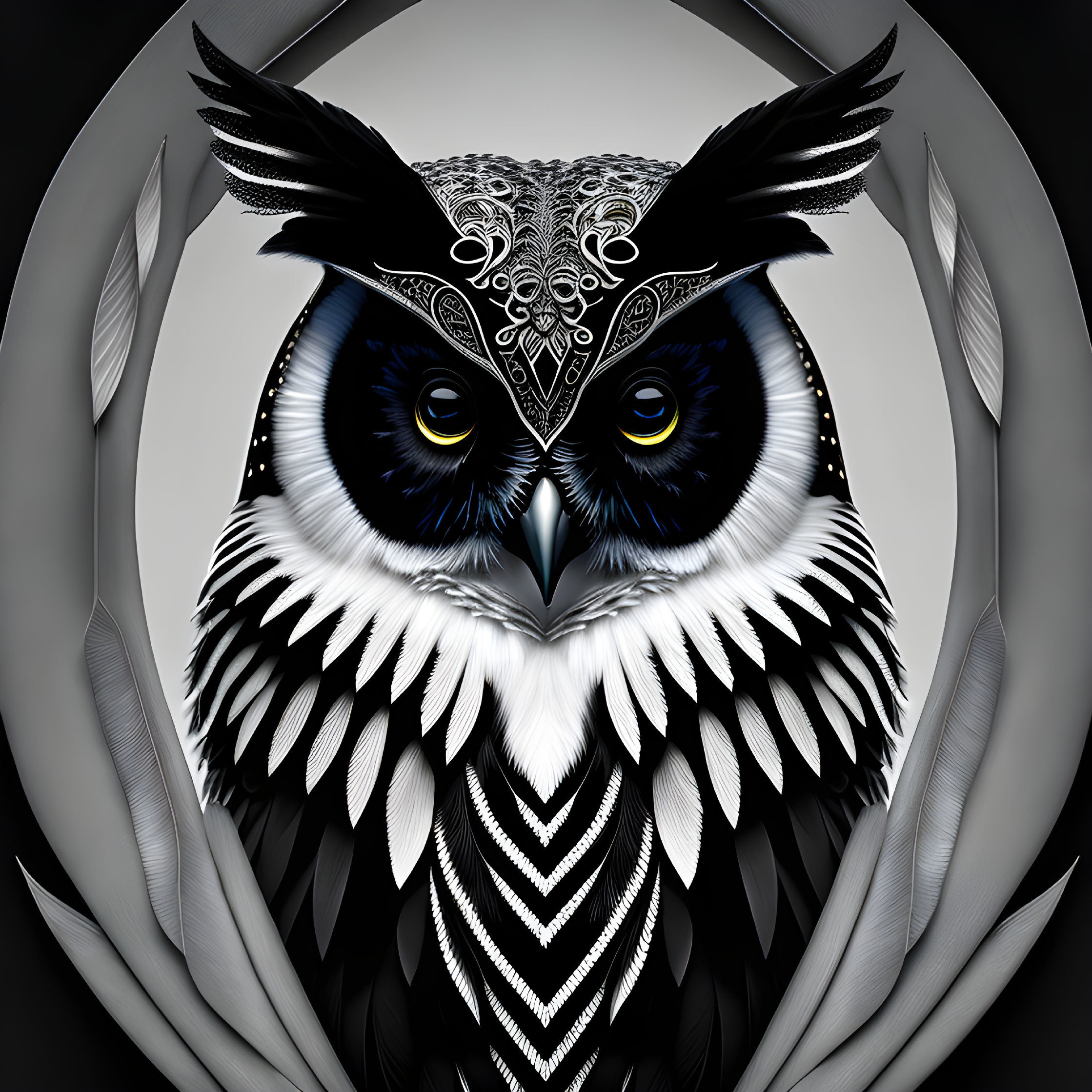 Stylized owl digital artwork with intricate patterns and yellow eyes