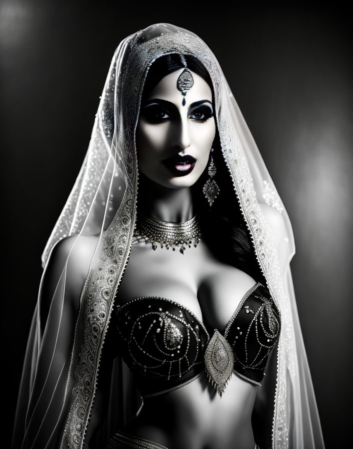 Monochrome portrait of woman in ornate jewelry and sheer veil