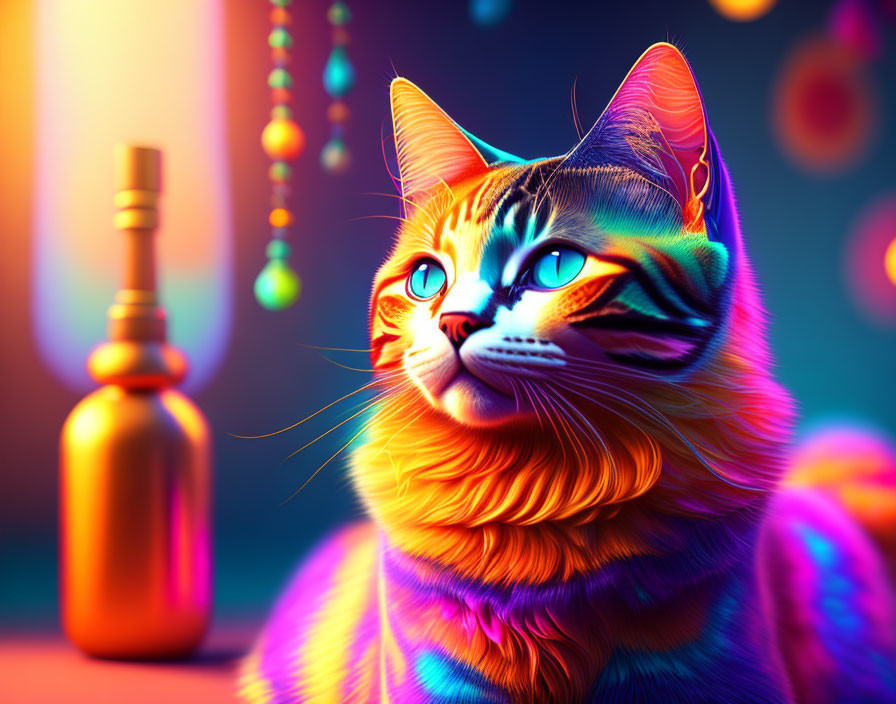 Colorful Digital Artwork: Vibrant Cat with Neon Glow and Decorations