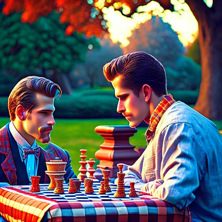 Men playing chess in park at sunset with vibrant colors and focused expressions