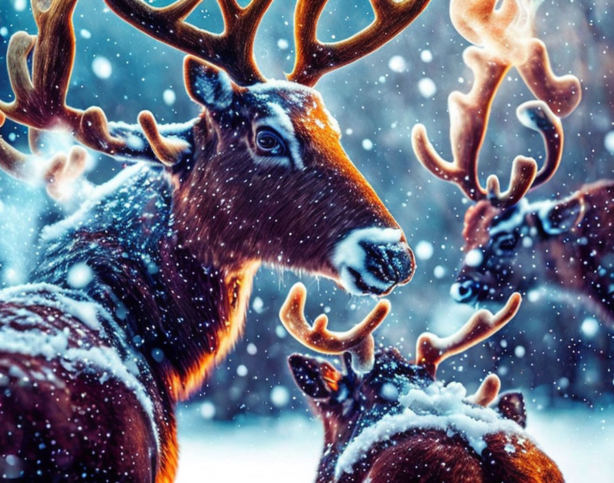 Snow-covered reindeer with antlers in falling snow.