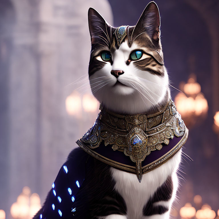 Majestic cat with green eyes and ornate collar gazes sideways