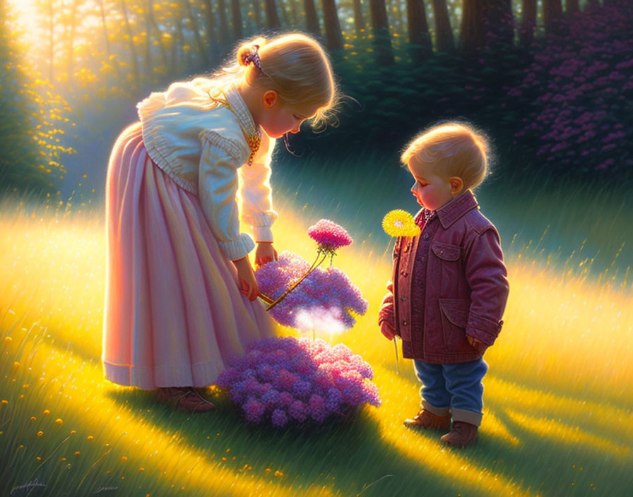 Young Girl and Toddler in Sunlit Forest Meadow with Glowing Purple Flowers