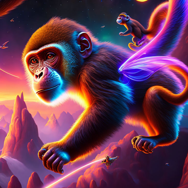 Colorful Flying Monkey with Luminous Wings in Alien Landscape