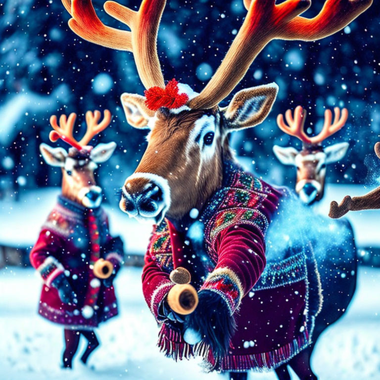 Three Festively Decorated Reindeer in Snow