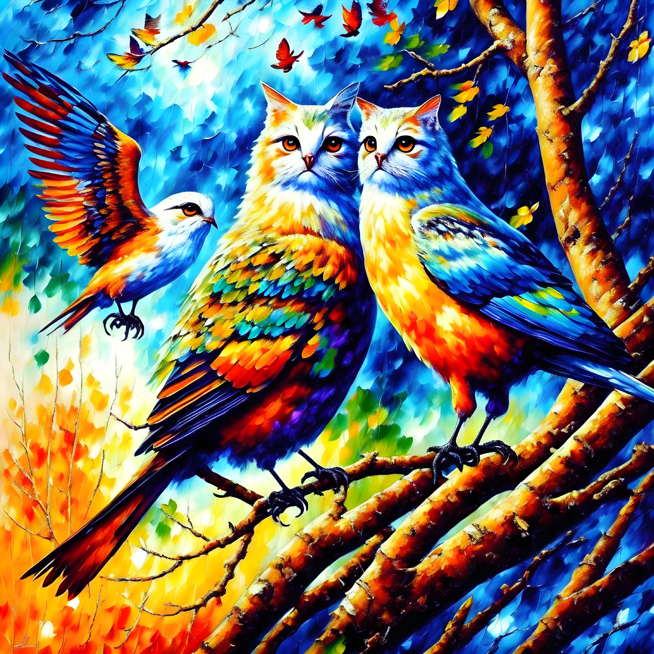 Colorful Cat-Like Birds Painting on Branch in Autumn Setting