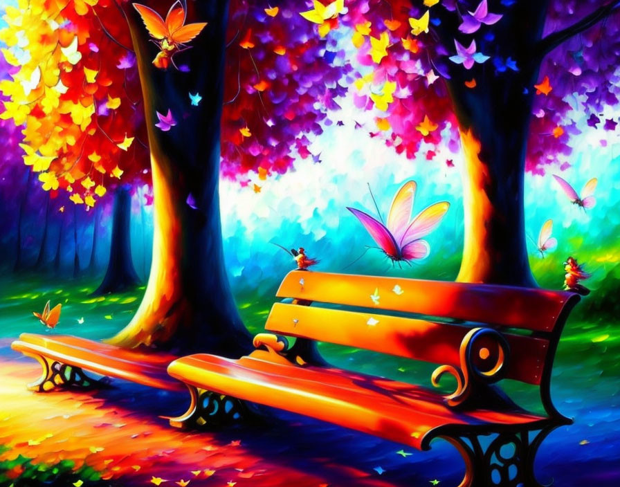 Colorful Park Scene with Benches, Butterflies, and Rainbow Foliage