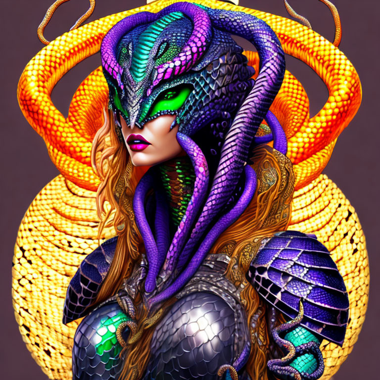 Digital artwork: Woman with snake-like features, vibrant scales, serpentine eyes, and cobra