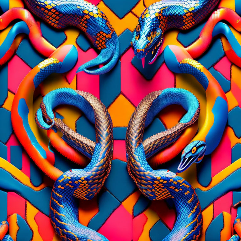 Colorful Snakes Entwined on Geometric Background