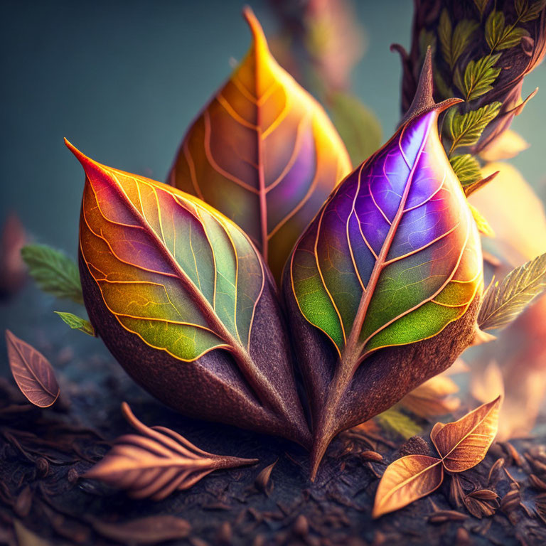 Colorful Gradient Veins on Vibrant Autumn Leaves Resting on Textured Surface