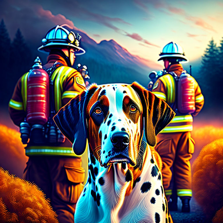 Dalmatian dog with firefighters in colorful scene